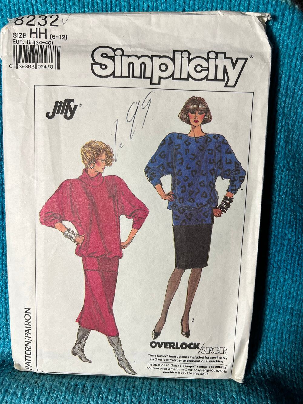 Simplicity 8232 Sewing pattern batwing knit top skirt 1980s size 6-12